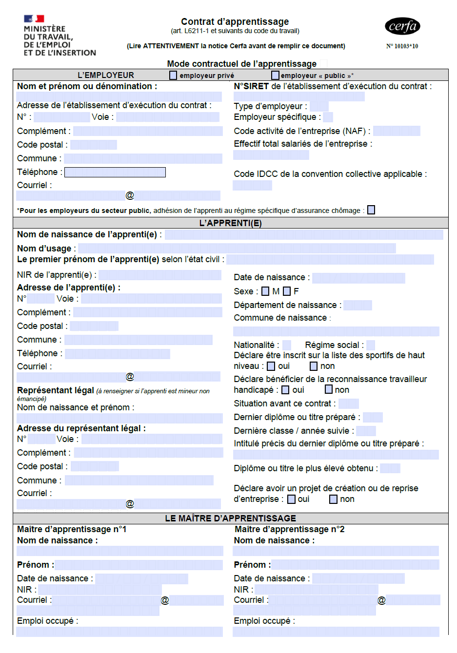 Formulaire CERFA 10103 — contrat d'apprentissage